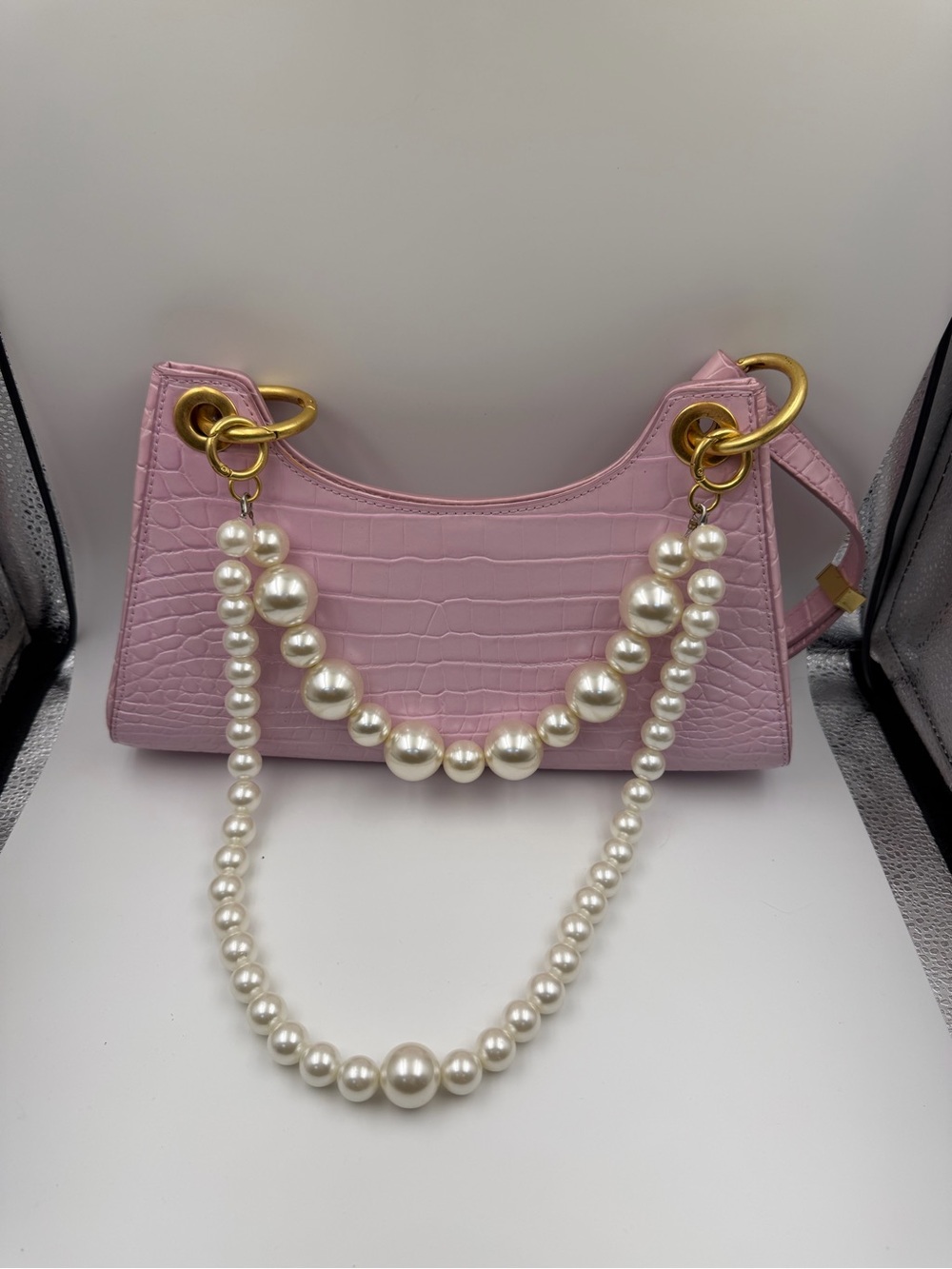 Pink Croc-Effect Pearl Strap Shoulder Bag Y2K